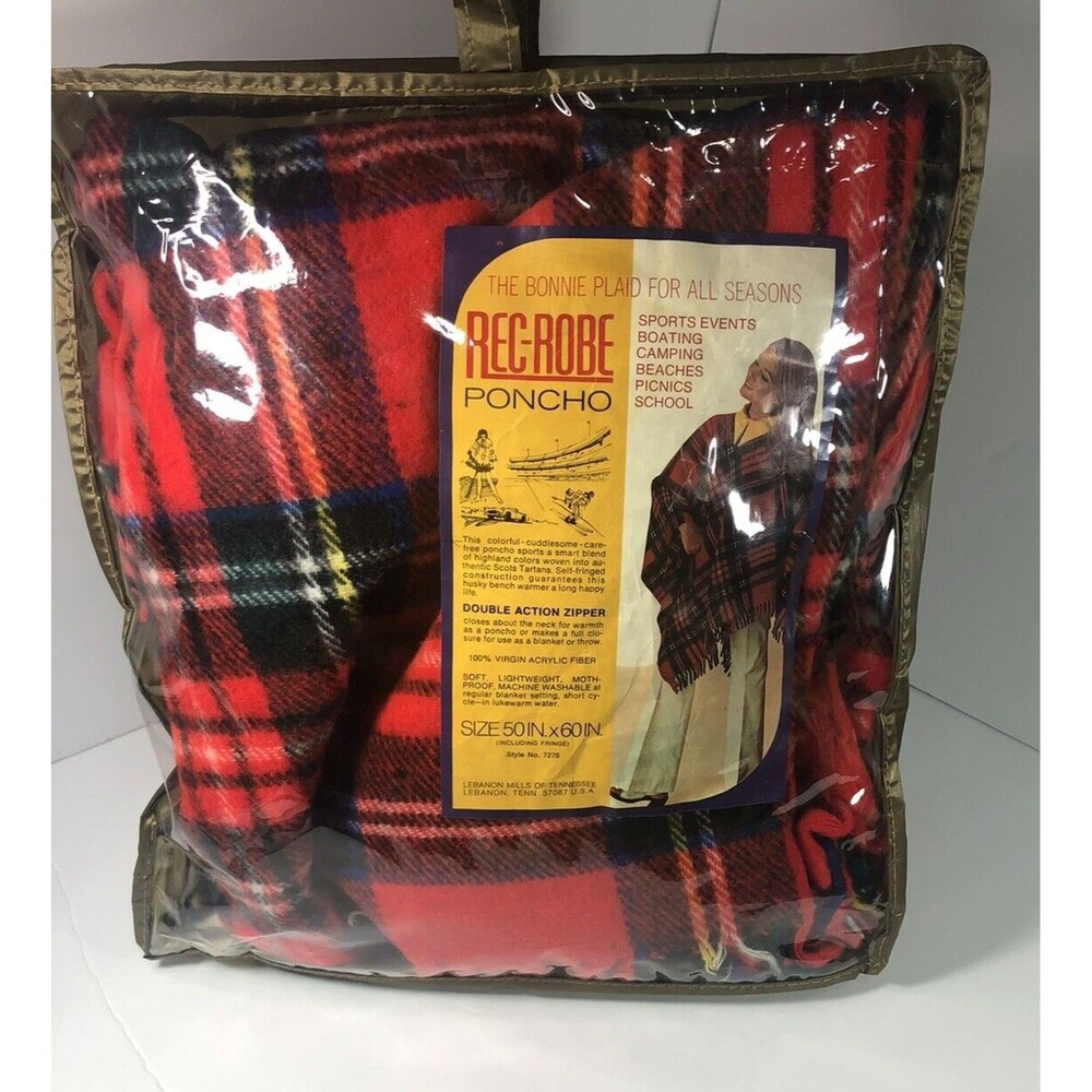 Vintage Rec-Robe Poncho 50”x 60”  Black Red   Bonnie Plaid w/Zipper & Fringe USA
